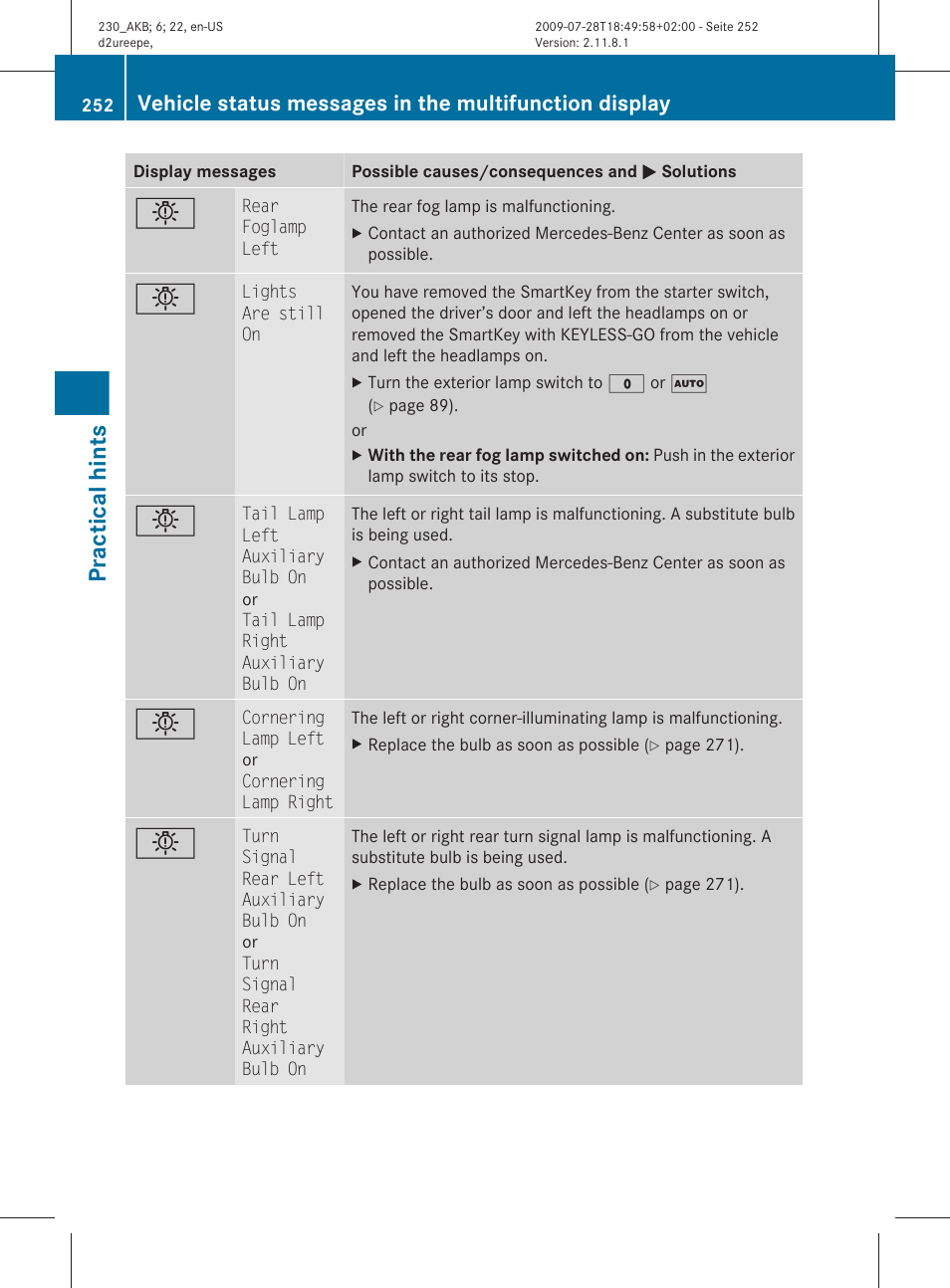 Practical hints | Mercedes-Benz 2011 SL-Class User Manual | Page 254 / 316