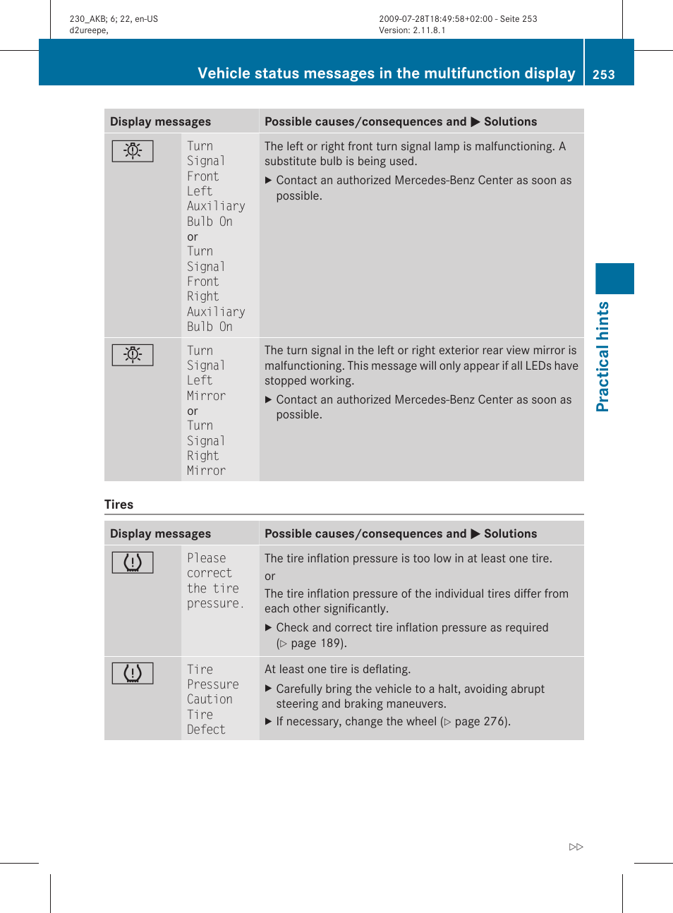 Practical hints | Mercedes-Benz 2011 SL-Class User Manual | Page 255 / 316