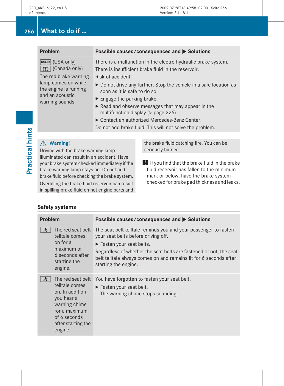 Practical hints, What to do if | Mercedes-Benz 2011 SL-Class User Manual | Page 258 / 316