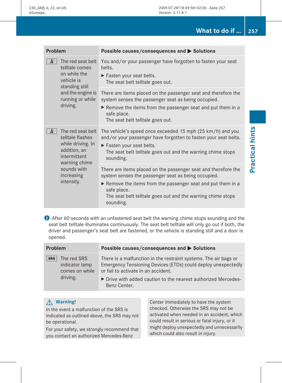 Practical hints, What to do if | Mercedes-Benz 2011 SL-Class User Manual | Page 259 / 316