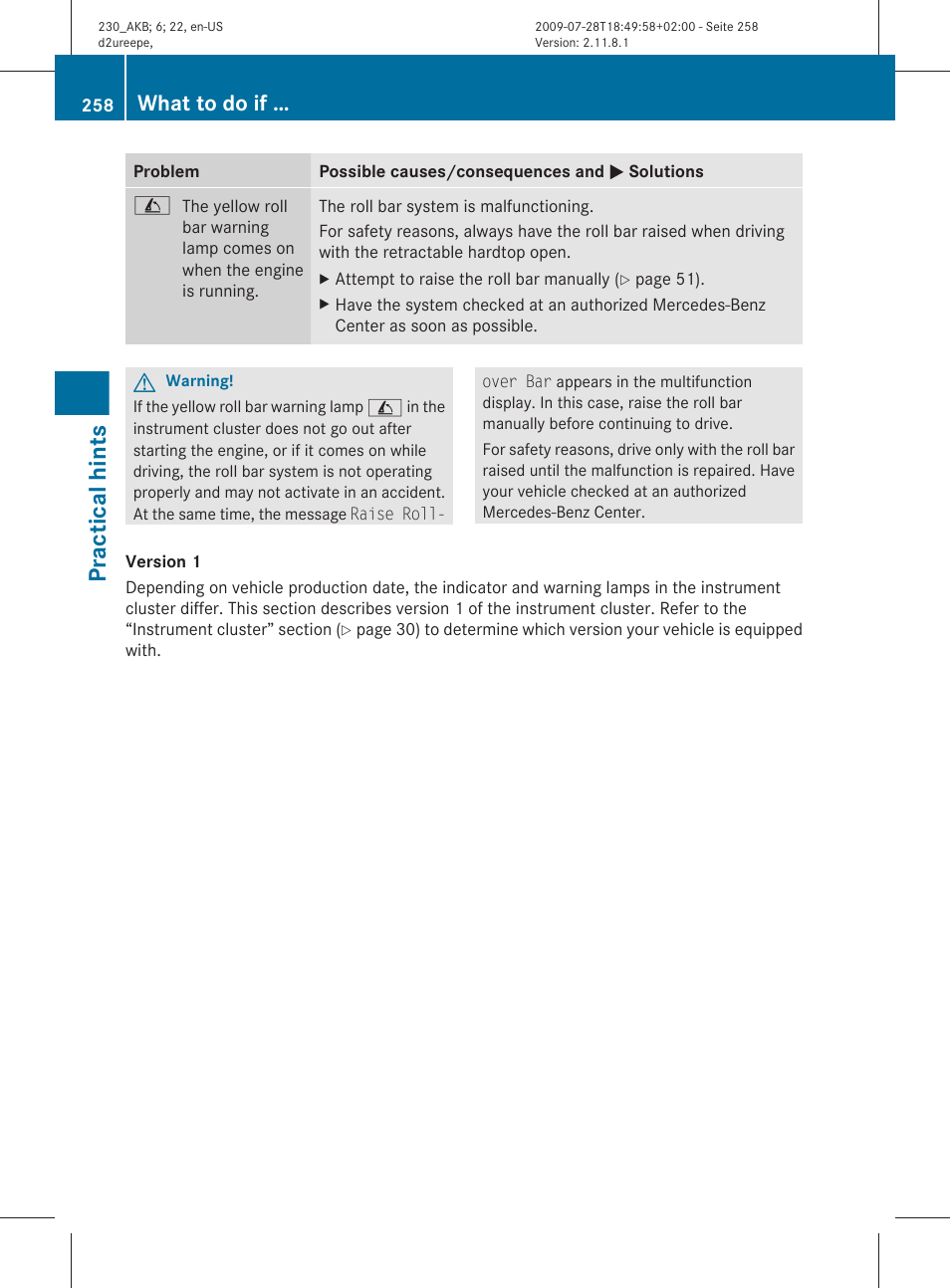 Practical hints, What to do if | Mercedes-Benz 2011 SL-Class User Manual | Page 260 / 316