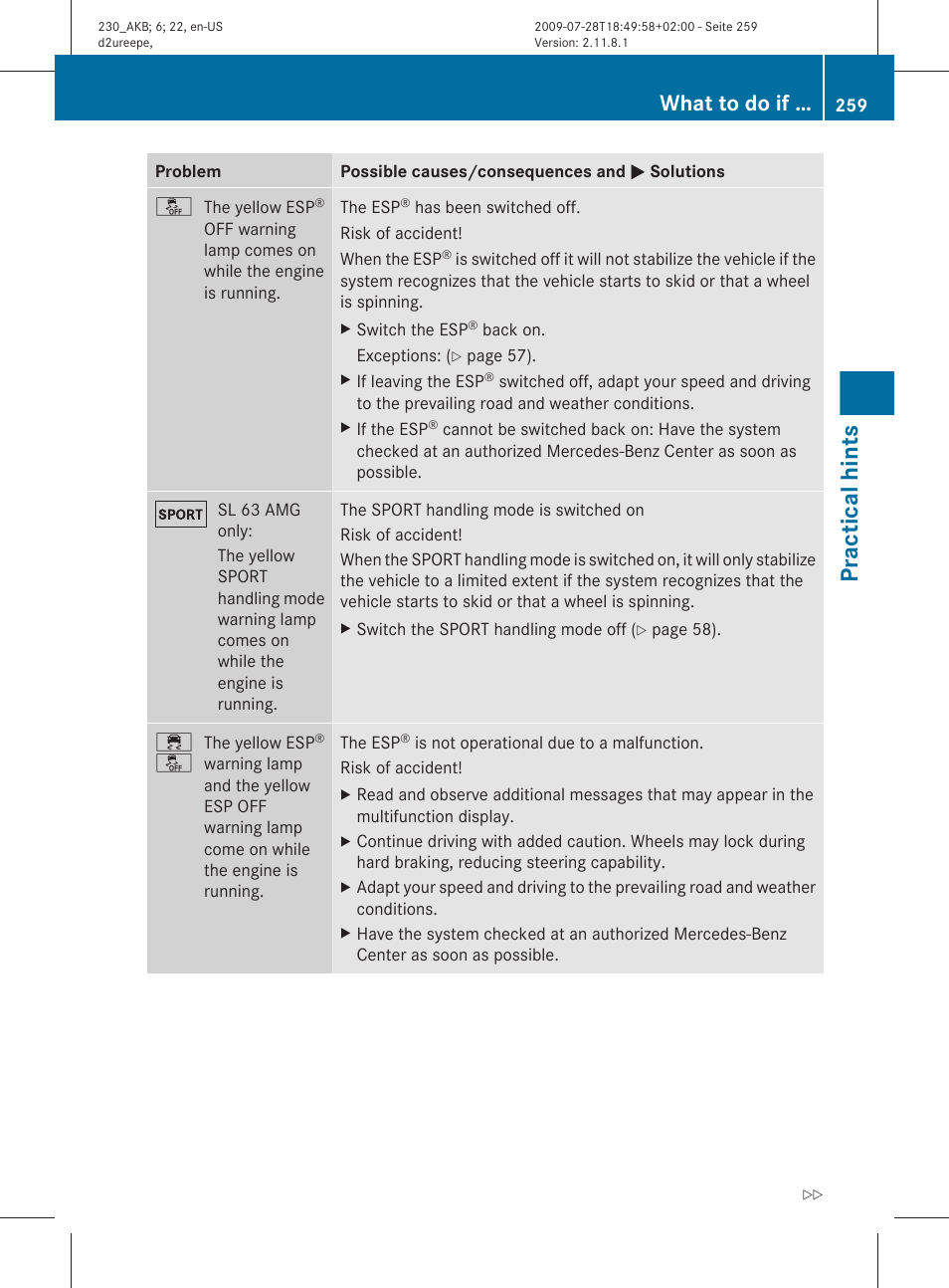 Practical hints, What to do if | Mercedes-Benz 2011 SL-Class User Manual | Page 261 / 316