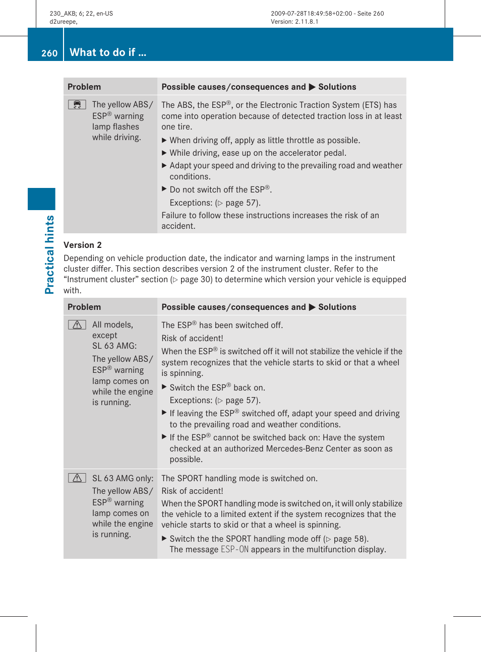 Practical hints, What to do if | Mercedes-Benz 2011 SL-Class User Manual | Page 262 / 316