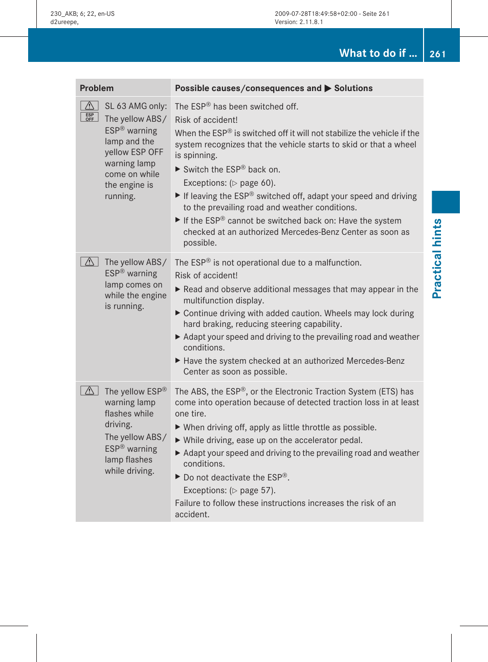 Practical hints, What to do if | Mercedes-Benz 2011 SL-Class User Manual | Page 263 / 316