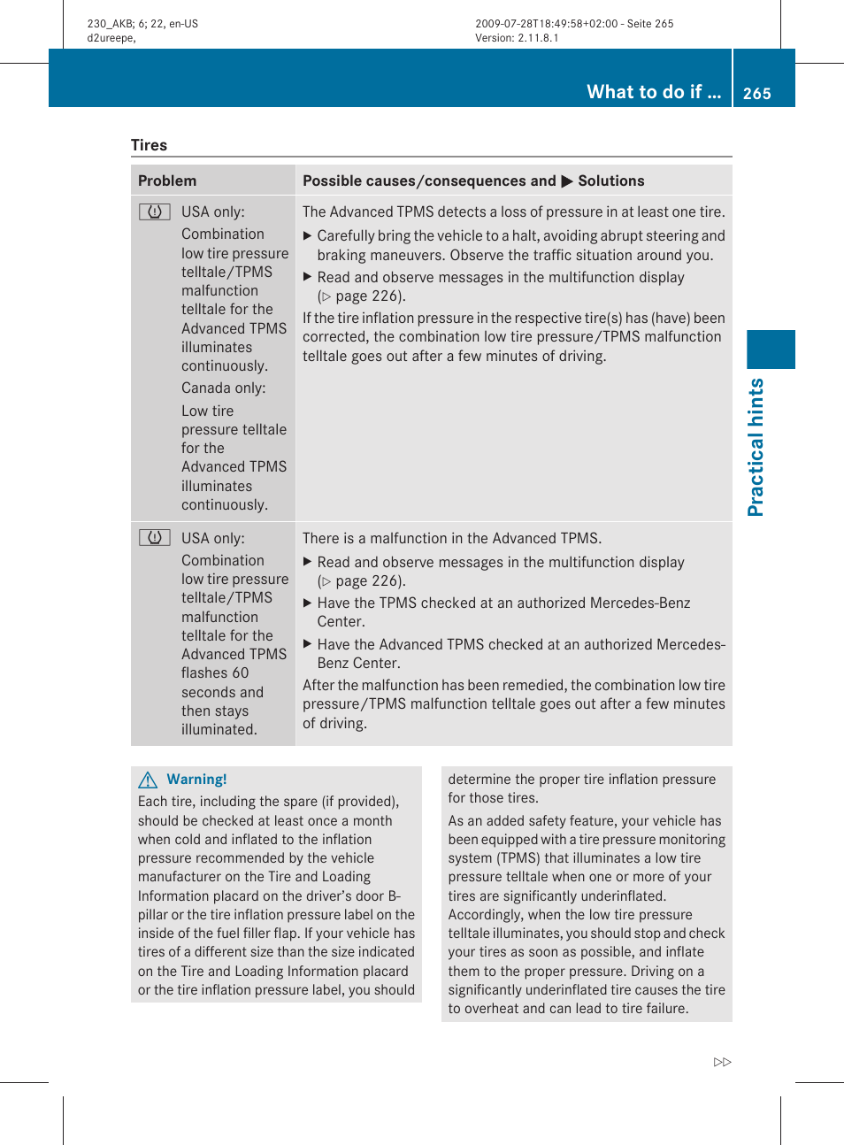 Practical hints, What to do if | Mercedes-Benz 2011 SL-Class User Manual | Page 267 / 316