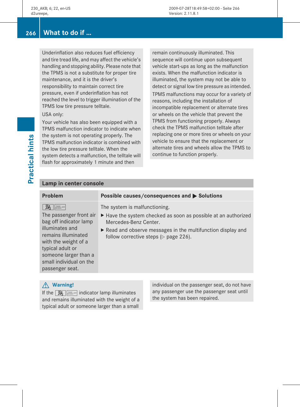 Lamp in center console, Practical hints, What to do if | Mercedes-Benz 2011 SL-Class User Manual | Page 268 / 316