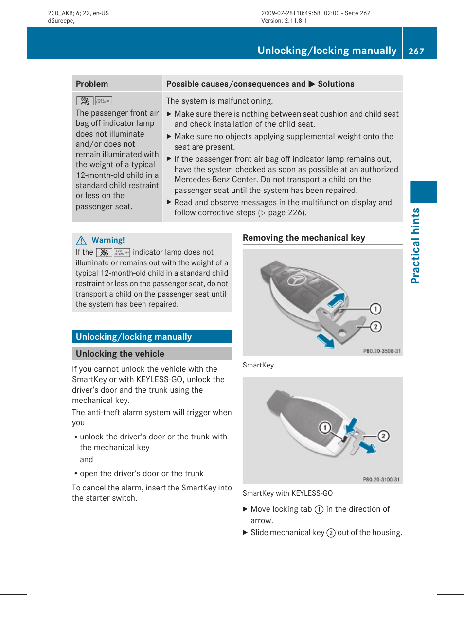 Unlocking/locking manually, Unlocking the vehicle, Driver’s door and the trunk | Practical hints | Mercedes-Benz 2011 SL-Class User Manual | Page 269 / 316