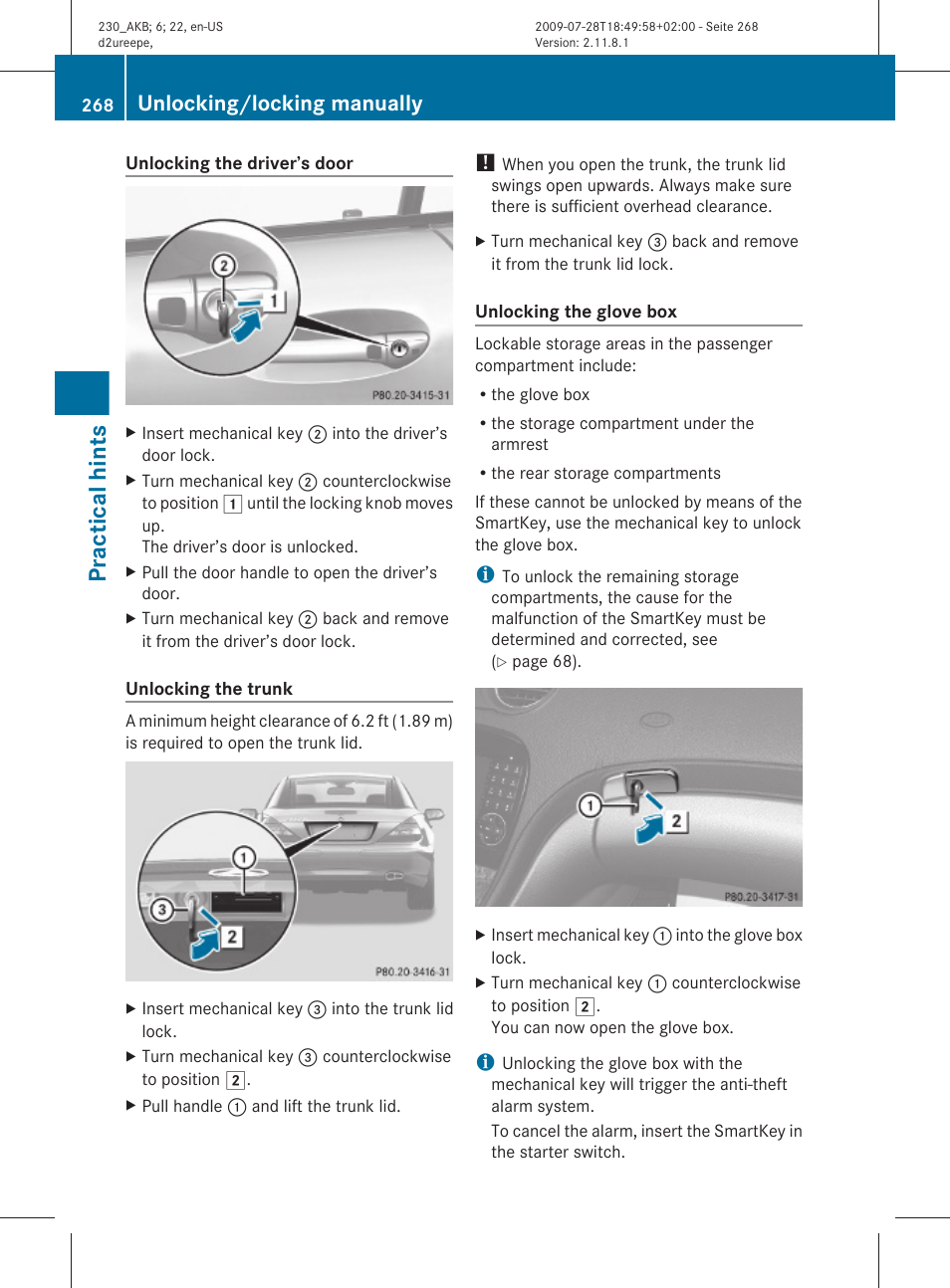 Practical hints, Unlocking/locking manually | Mercedes-Benz 2011 SL-Class User Manual | Page 270 / 316