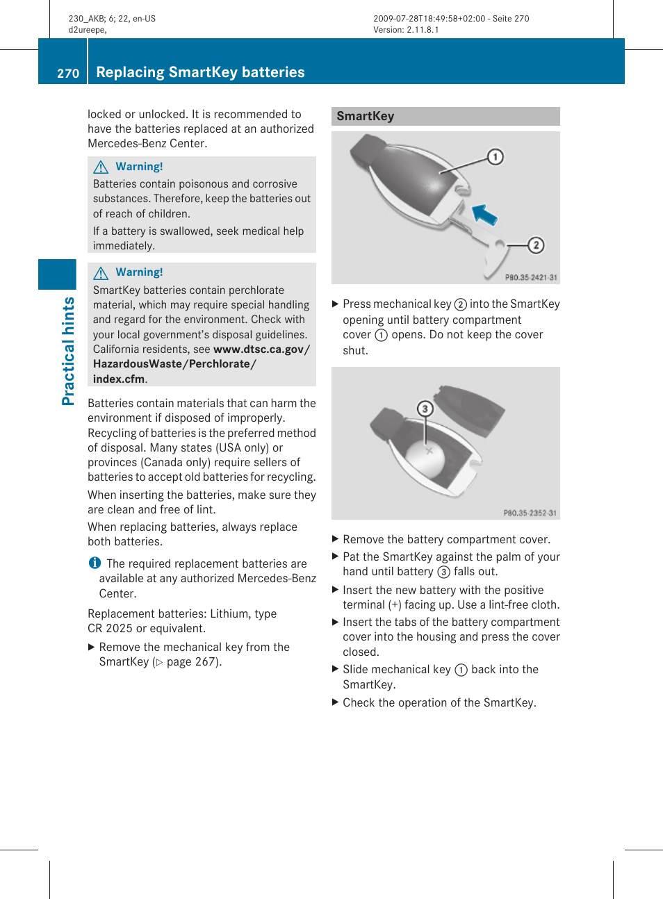 Smartkey, Practical hints, Replacing smartkey batteries | Mercedes-Benz 2011 SL-Class User Manual | Page 272 / 316