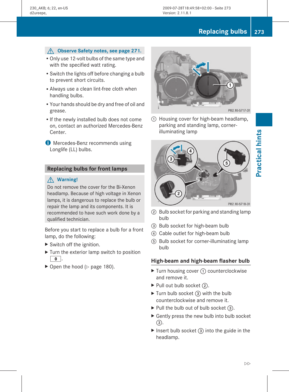 Replacing bulbs for front lamps, Practical hints, Replacing bulbs | Mercedes-Benz 2011 SL-Class User Manual | Page 275 / 316