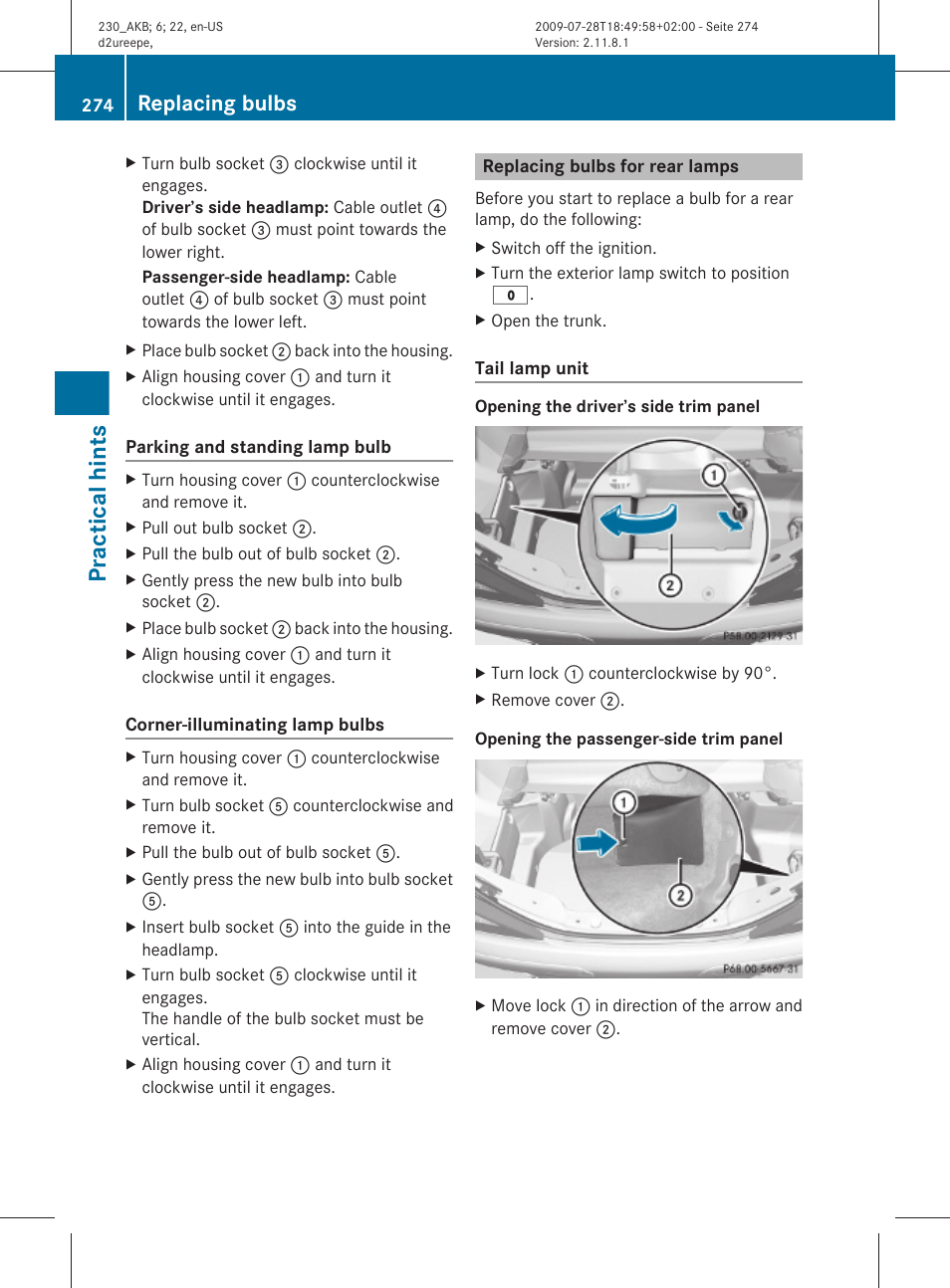 Replacing bulbs for rear lamps, Practical hints, Replacing bulbs | Mercedes-Benz 2011 SL-Class User Manual | Page 276 / 316