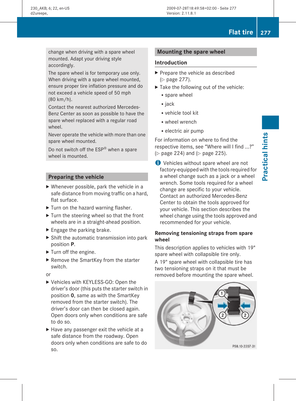 Preparing the vehicle, Mounting the spare wheel, Practical hints | Flat tire | Mercedes-Benz 2011 SL-Class User Manual | Page 279 / 316