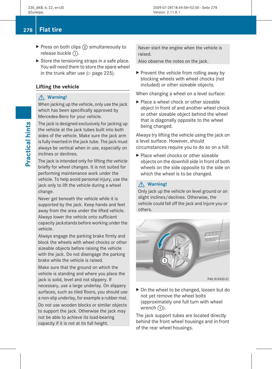 Practical hints, Flat tire | Mercedes-Benz 2011 SL-Class User Manual | Page 280 / 316