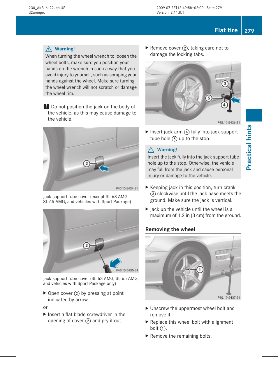 Practical hints, Flat tire | Mercedes-Benz 2011 SL-Class User Manual | Page 281 / 316