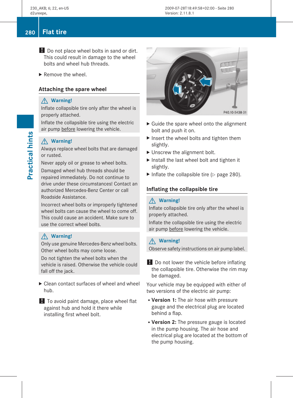 Practical hints, Flat tire | Mercedes-Benz 2011 SL-Class User Manual | Page 282 / 316