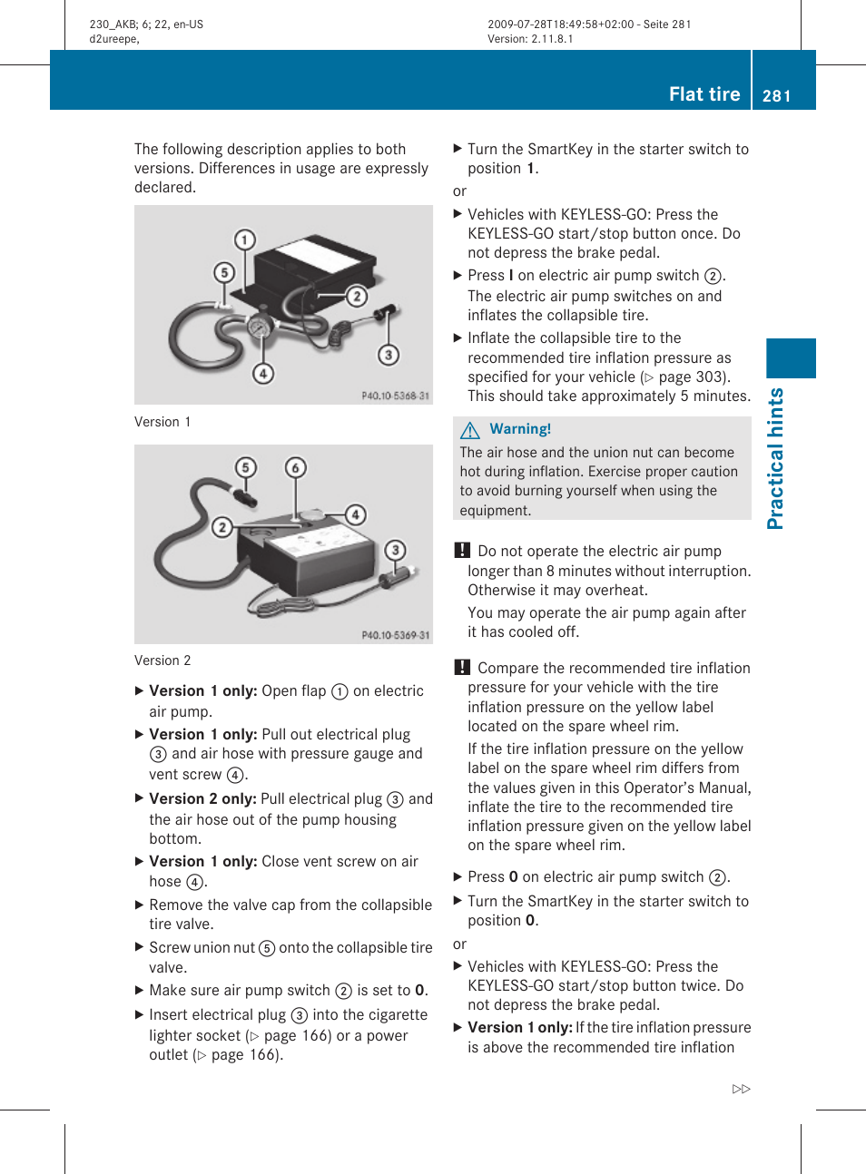 Practical hints, Flat tire | Mercedes-Benz 2011 SL-Class User Manual | Page 283 / 316