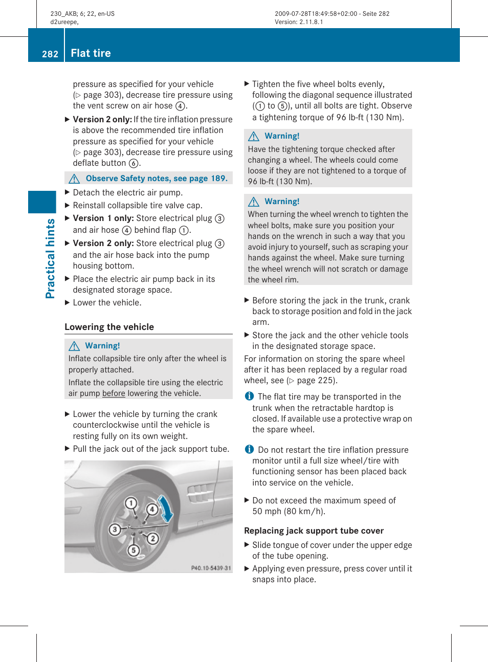 Practical hints, Flat tire | Mercedes-Benz 2011 SL-Class User Manual | Page 284 / 316