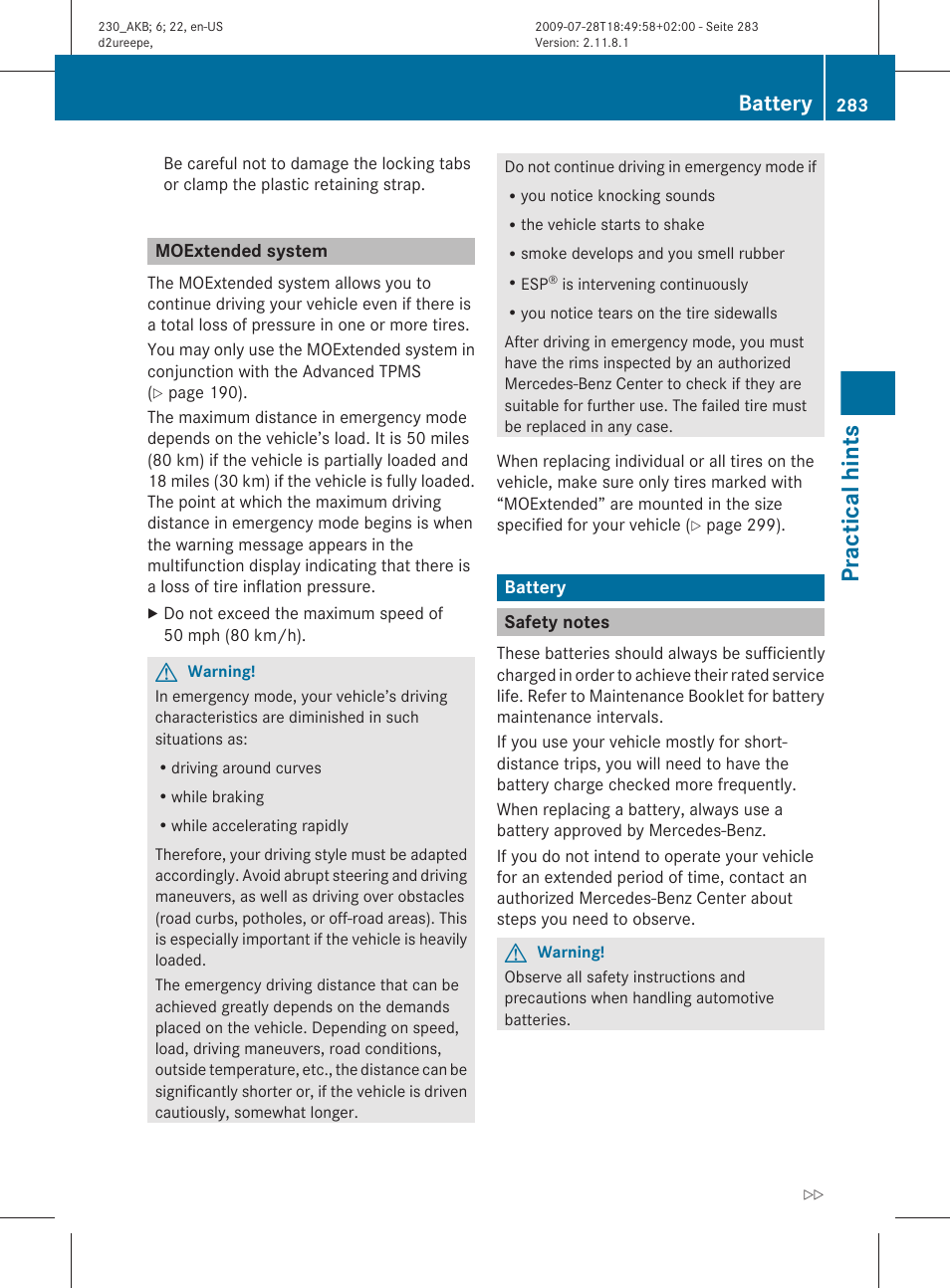 Moextended system, Battery, Safety notes | Practical hints | Mercedes-Benz 2011 SL-Class User Manual | Page 285 / 316