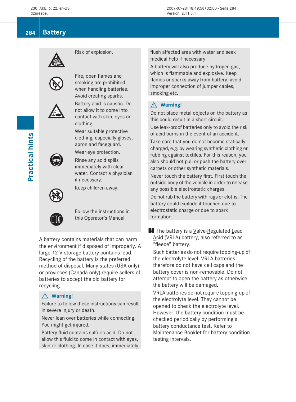 Practical hints, Battery | Mercedes-Benz 2011 SL-Class User Manual | Page 286 / 316