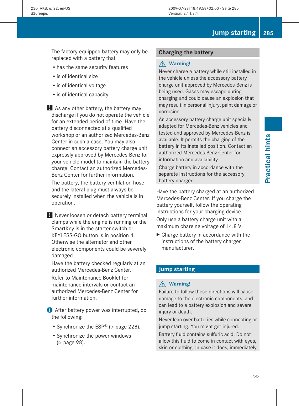 Charging the battery, Jump starting, Necessary | Get a jump start, Practical hints | Mercedes-Benz 2011 SL-Class User Manual | Page 287 / 316