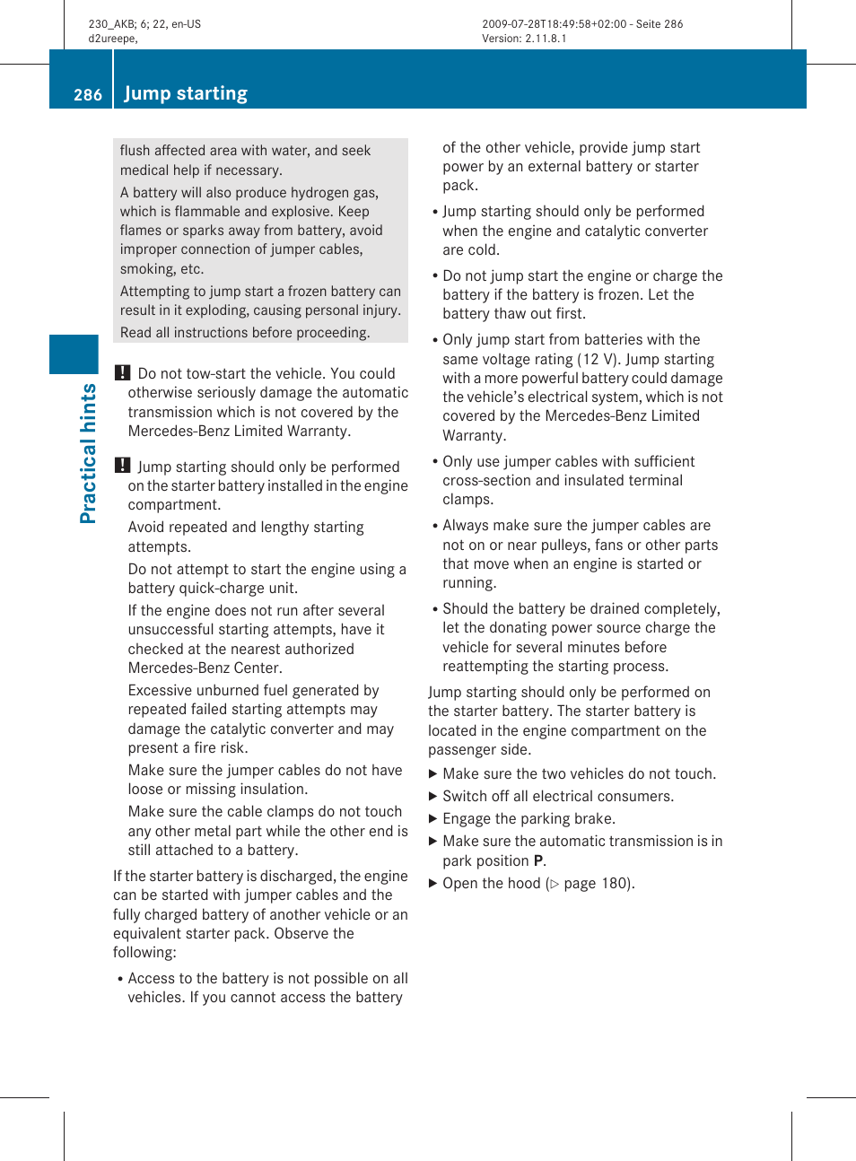 Practical hints, Jump starting | Mercedes-Benz 2011 SL-Class User Manual | Page 288 / 316