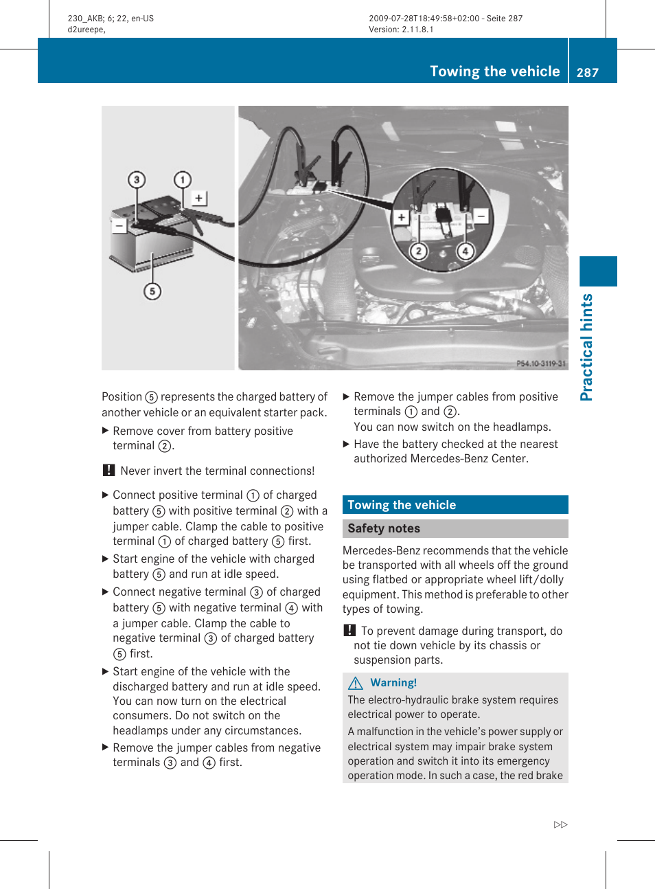 Towing the vehicle, Safety notes, Practical hints | Mercedes-Benz 2011 SL-Class User Manual | Page 289 / 316