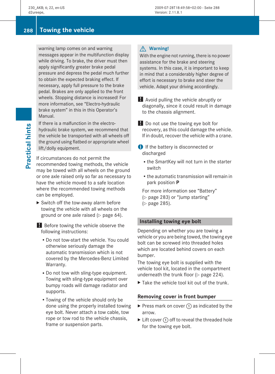 Installing towing eye bolt, Practical hints, Towing the vehicle | Mercedes-Benz 2011 SL-Class User Manual | Page 290 / 316