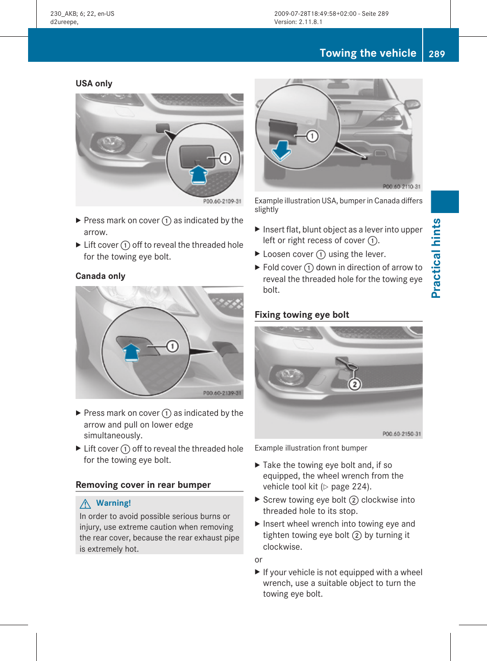 Practical hints, Towing the vehicle | Mercedes-Benz 2011 SL-Class User Manual | Page 291 / 316