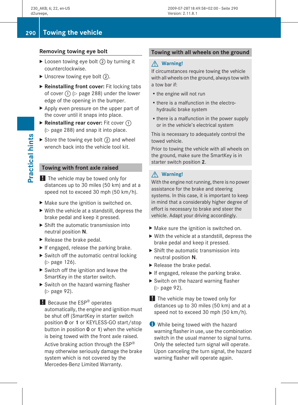 Towing with front axle raised, Towing with all wheels on the ground, Practical hints | Towing the vehicle | Mercedes-Benz 2011 SL-Class User Manual | Page 292 / 316