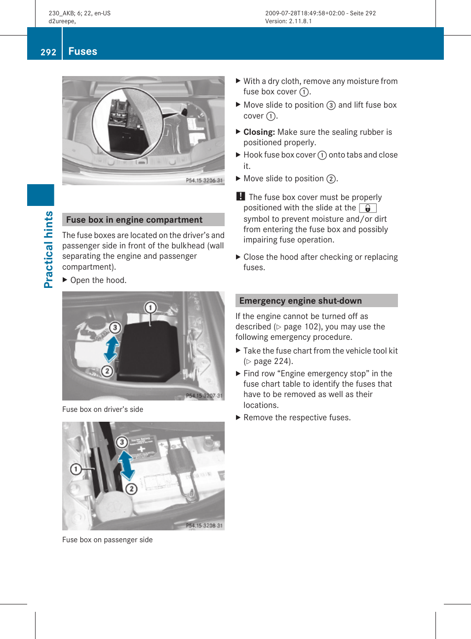 Fuse box in engine compartment, Emergency engine shut-down, Practical hints | Fuses | Mercedes-Benz 2011 SL-Class User Manual | Page 294 / 316