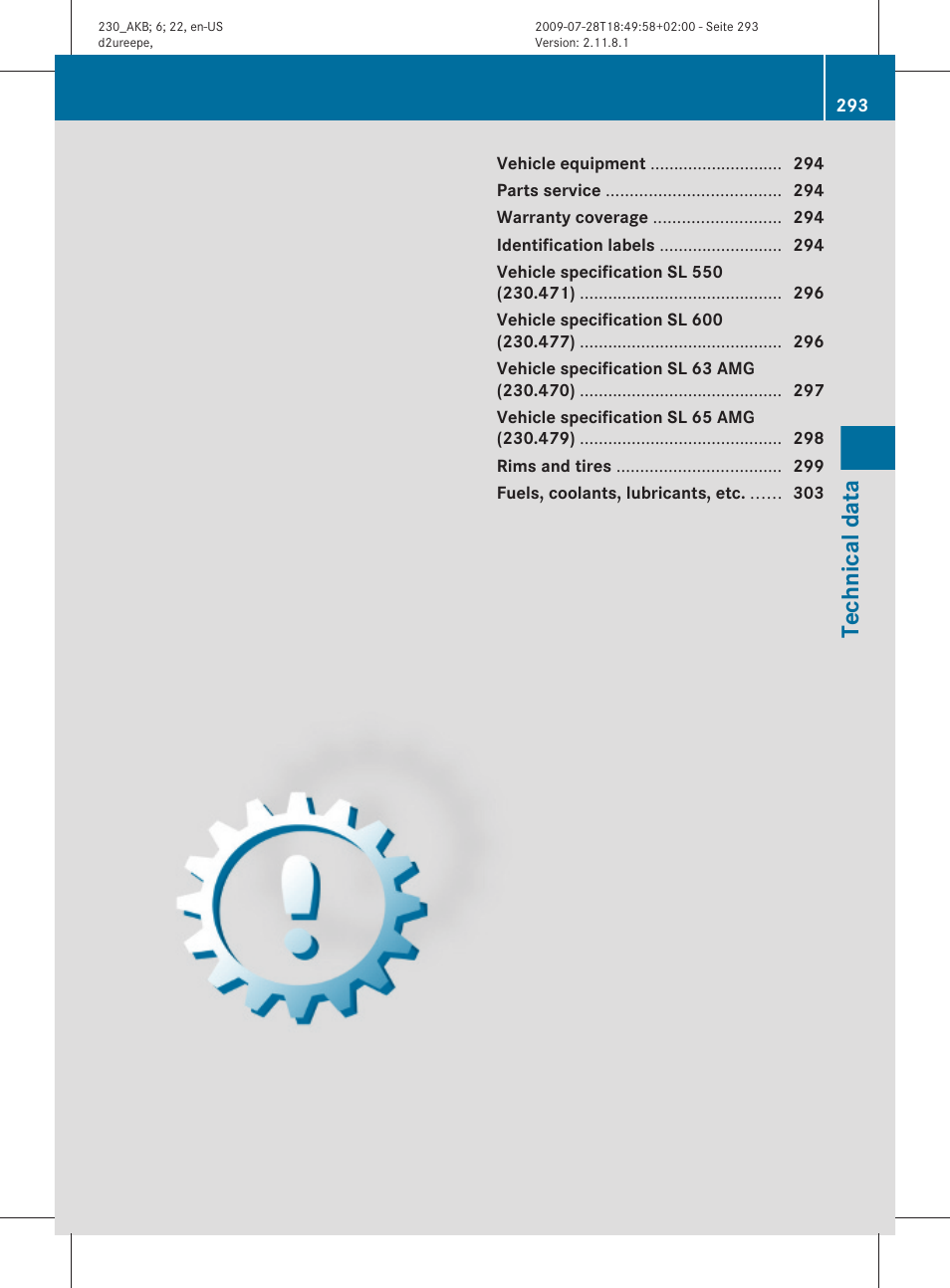 Technical data | Mercedes-Benz 2011 SL-Class User Manual | Page 295 / 316