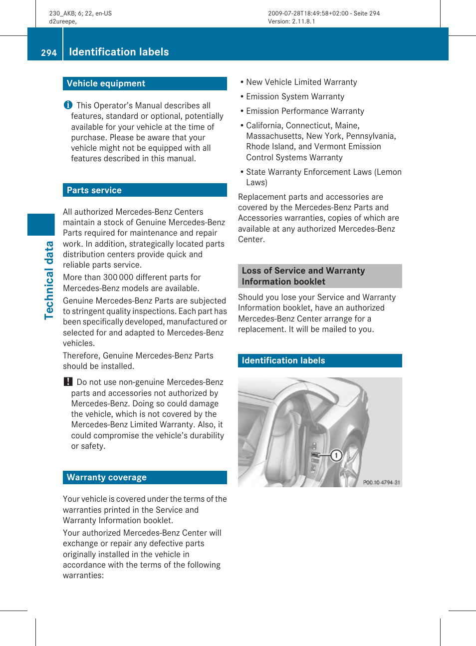 Technical data, Vehicle equipment, Parts service | Warranty coverage, Loss of service and warranty information booklet, Identification labels | Mercedes-Benz 2011 SL-Class User Manual | Page 296 / 316