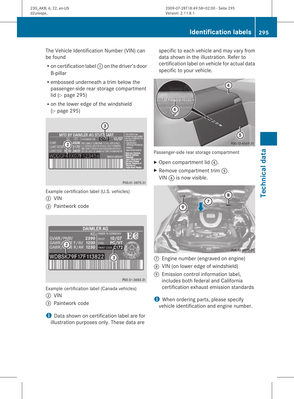 Technical data, Identification labels | Mercedes-Benz 2011 SL-Class User Manual | Page 297 / 316