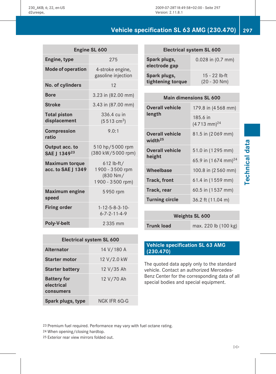 Vehicle specification sl 63 amg (230.470), Technical data | Mercedes-Benz 2011 SL-Class User Manual | Page 299 / 316