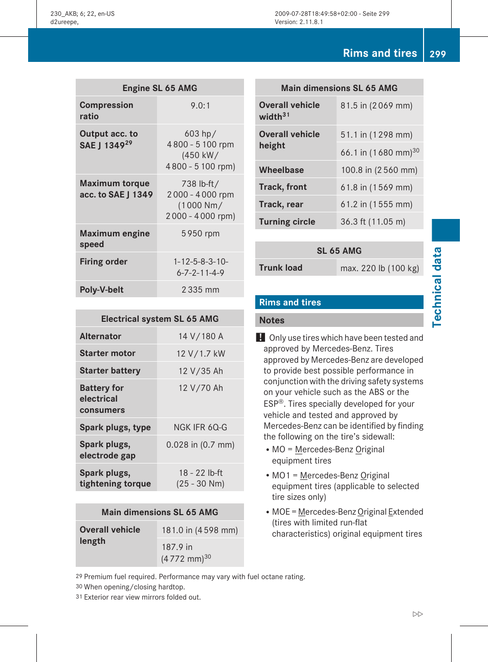 Rims and tires, Notes, Section | Technical data | Mercedes-Benz 2011 SL-Class User Manual | Page 301 / 316