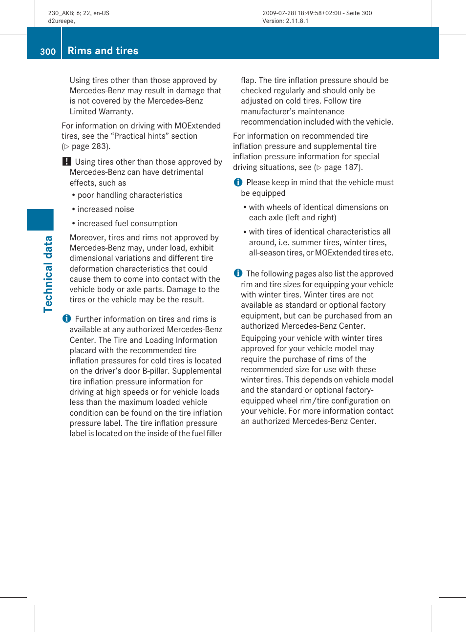 Technical data, Rims and tires | Mercedes-Benz 2011 SL-Class User Manual | Page 302 / 316