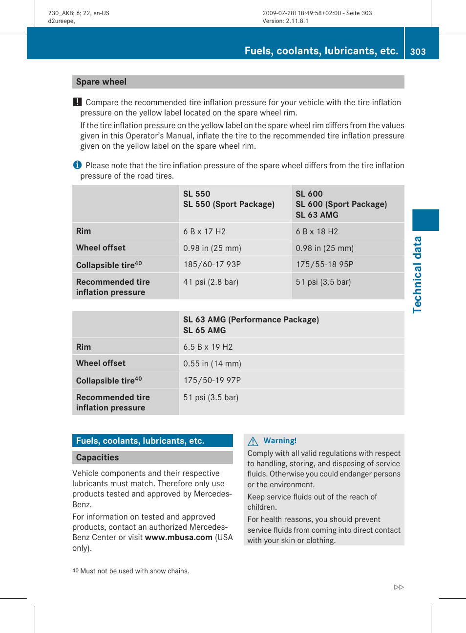 Spare wheel, Fuels, coolants, lubricants, etc, Capacities | Coolants, lubricants, etc, Technical data” section, Operator’s manual, Specified for your vehicle, Technical data | Mercedes-Benz 2011 SL-Class User Manual | Page 305 / 316