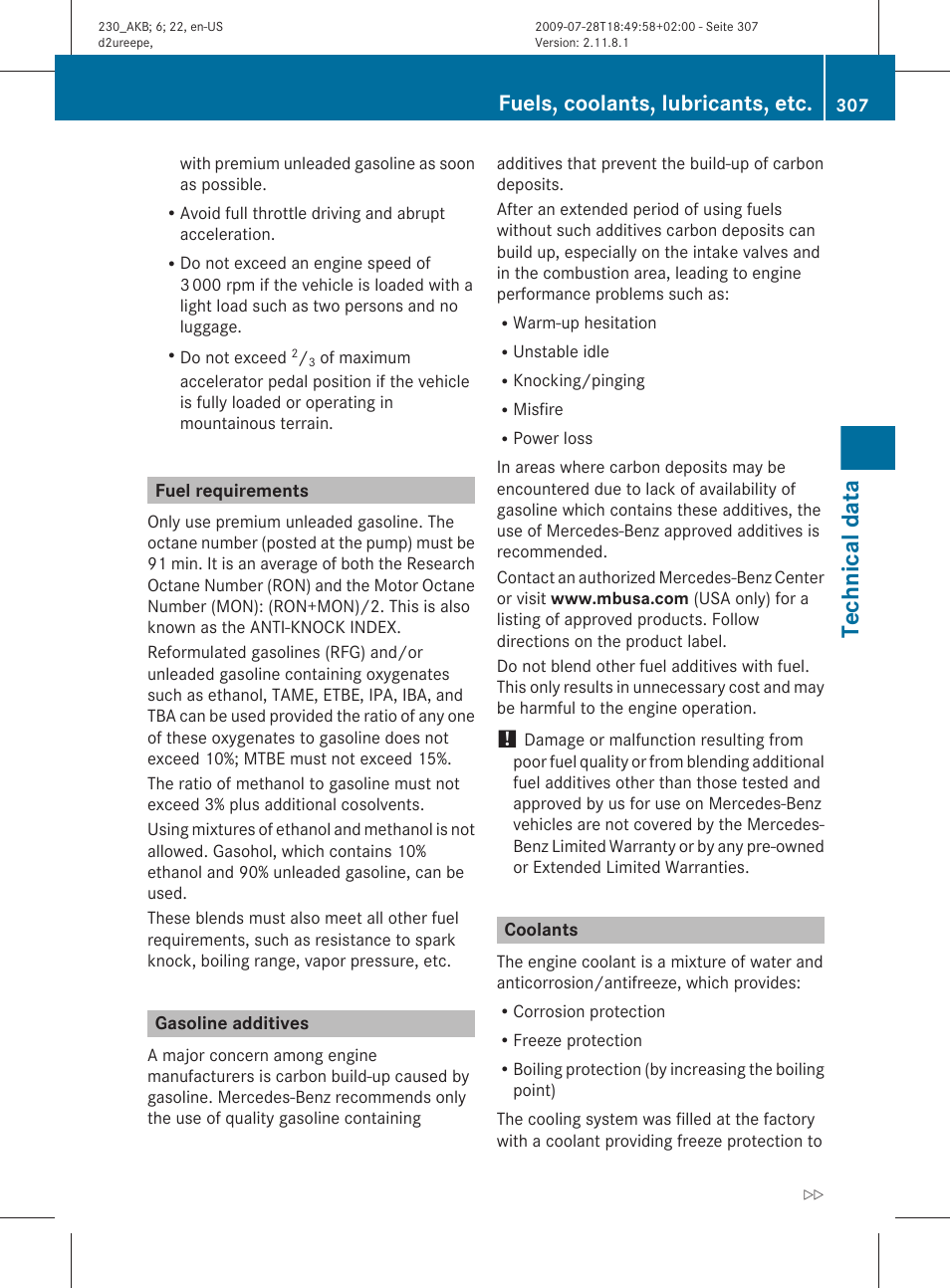 Fuel requirements, Gasoline additives, Coolants | Technical data, Fuels, coolants, lubricants, etc | Mercedes-Benz 2011 SL-Class User Manual | Page 309 / 316