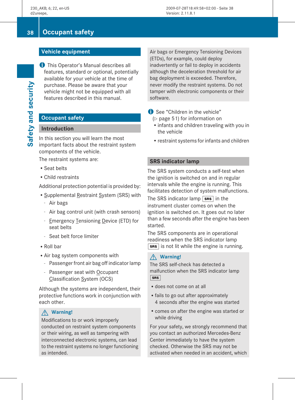 Safety and security, Vehicle equipment, Occupant safety | Introduction, Srs indicator lamp | Mercedes-Benz 2011 SL-Class User Manual | Page 40 / 316