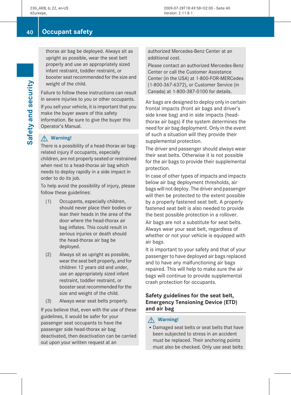 Safety and security, Occupant safety | Mercedes-Benz 2011 SL-Class User Manual | Page 42 / 316