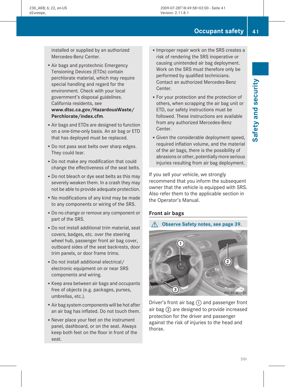 Safety and security, Occupant safety | Mercedes-Benz 2011 SL-Class User Manual | Page 43 / 316