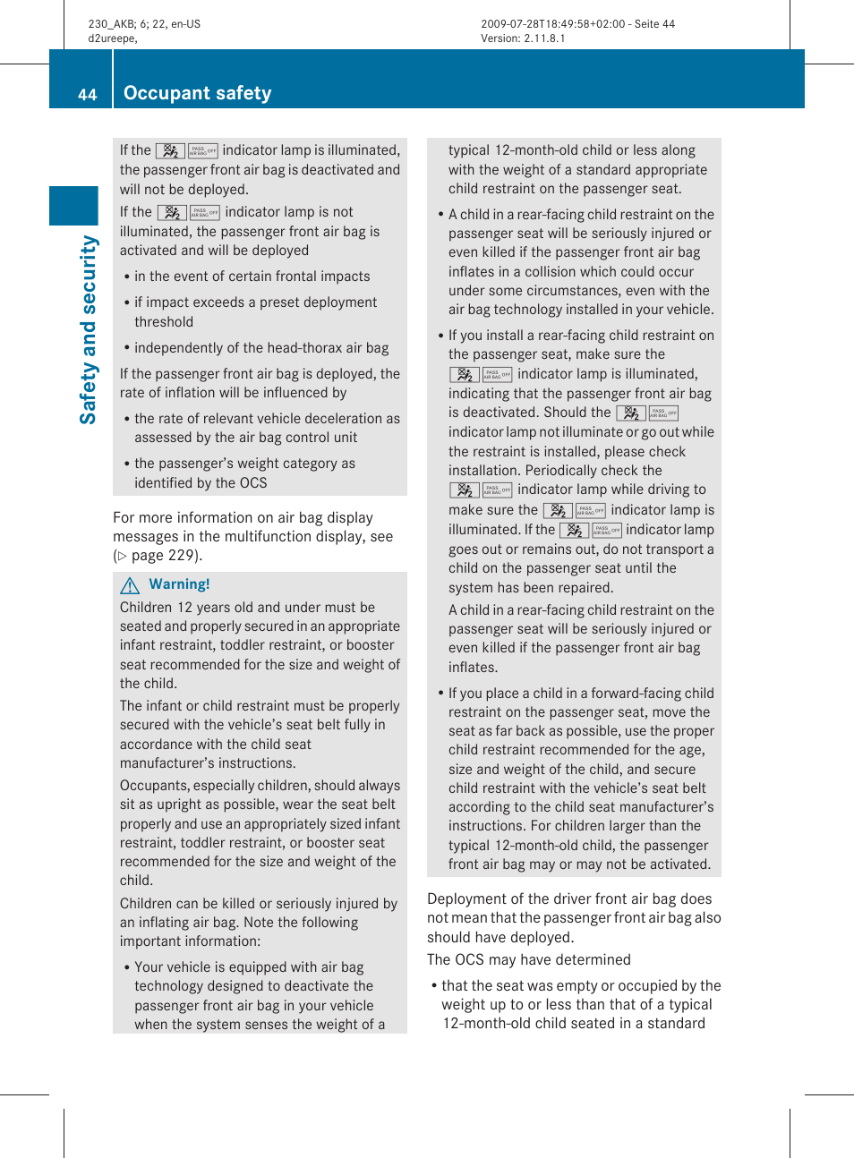 Safety and security, Occupant safety | Mercedes-Benz 2011 SL-Class User Manual | Page 46 / 316