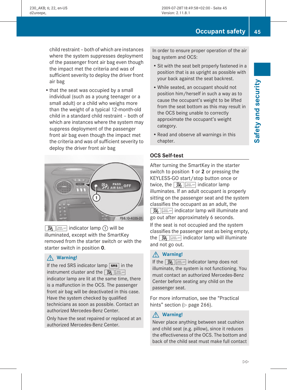 Safety and security, Occupant safety | Mercedes-Benz 2011 SL-Class User Manual | Page 47 / 316