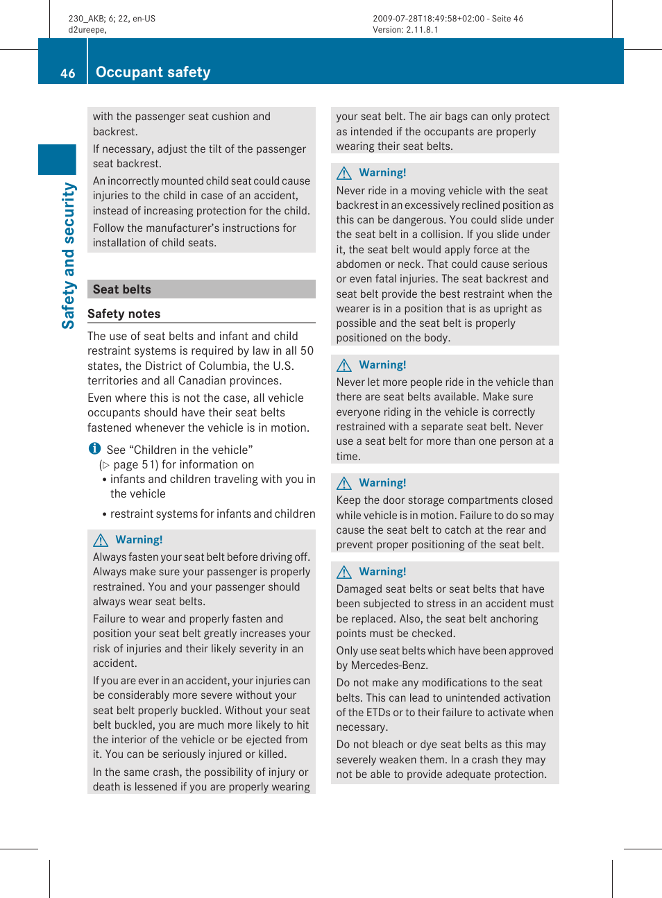 Seat belts, Safety and security, Occupant safety | Mercedes-Benz 2011 SL-Class User Manual | Page 48 / 316