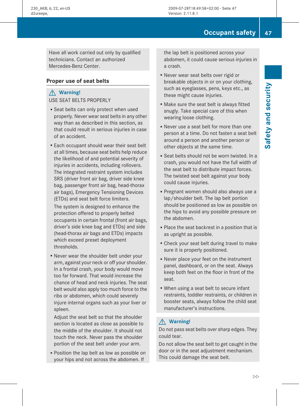 Safety and security, Occupant safety | Mercedes-Benz 2011 SL-Class User Manual | Page 49 / 316