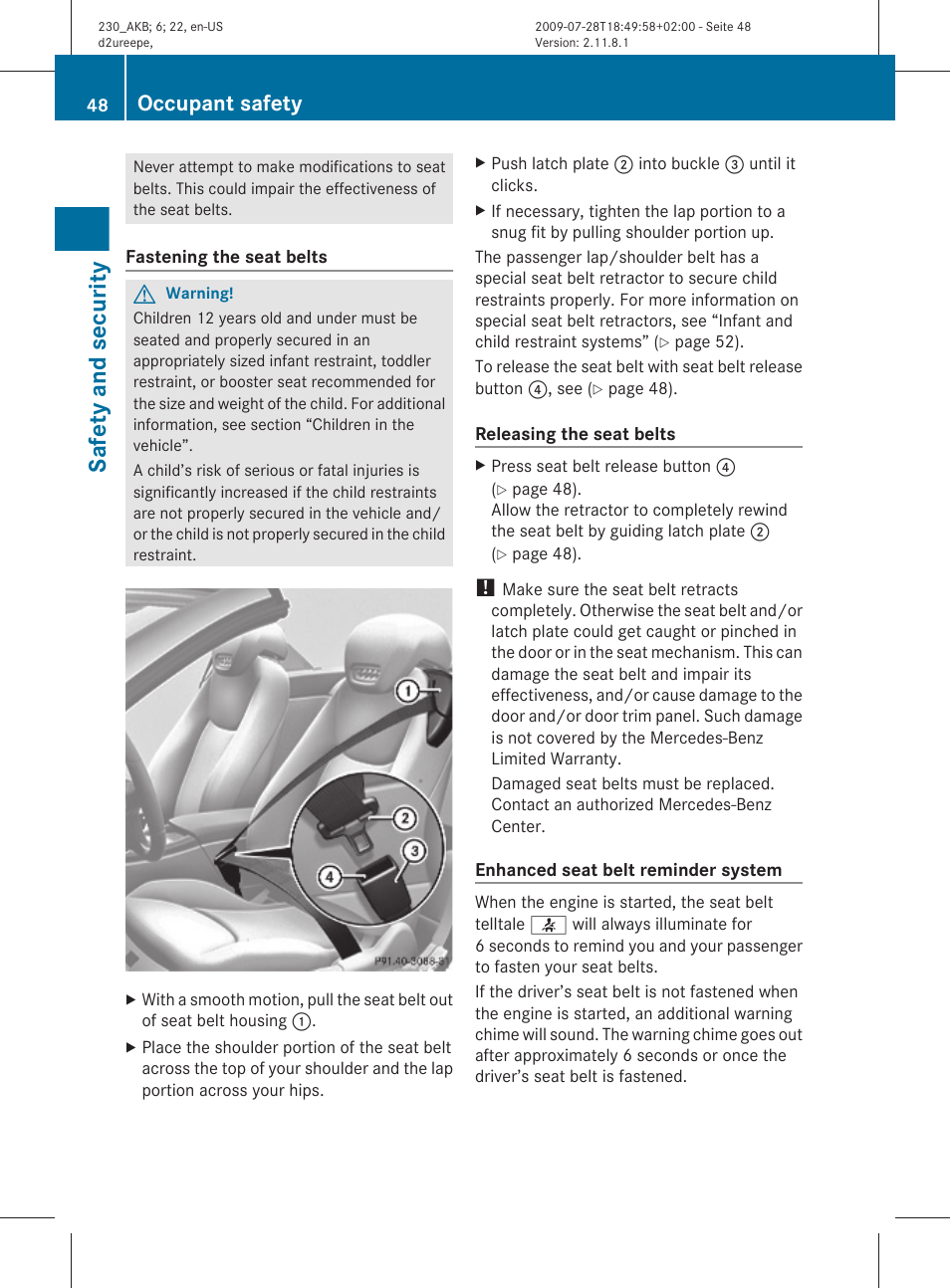 Safety and security, Occupant safety | Mercedes-Benz 2011 SL-Class User Manual | Page 50 / 316