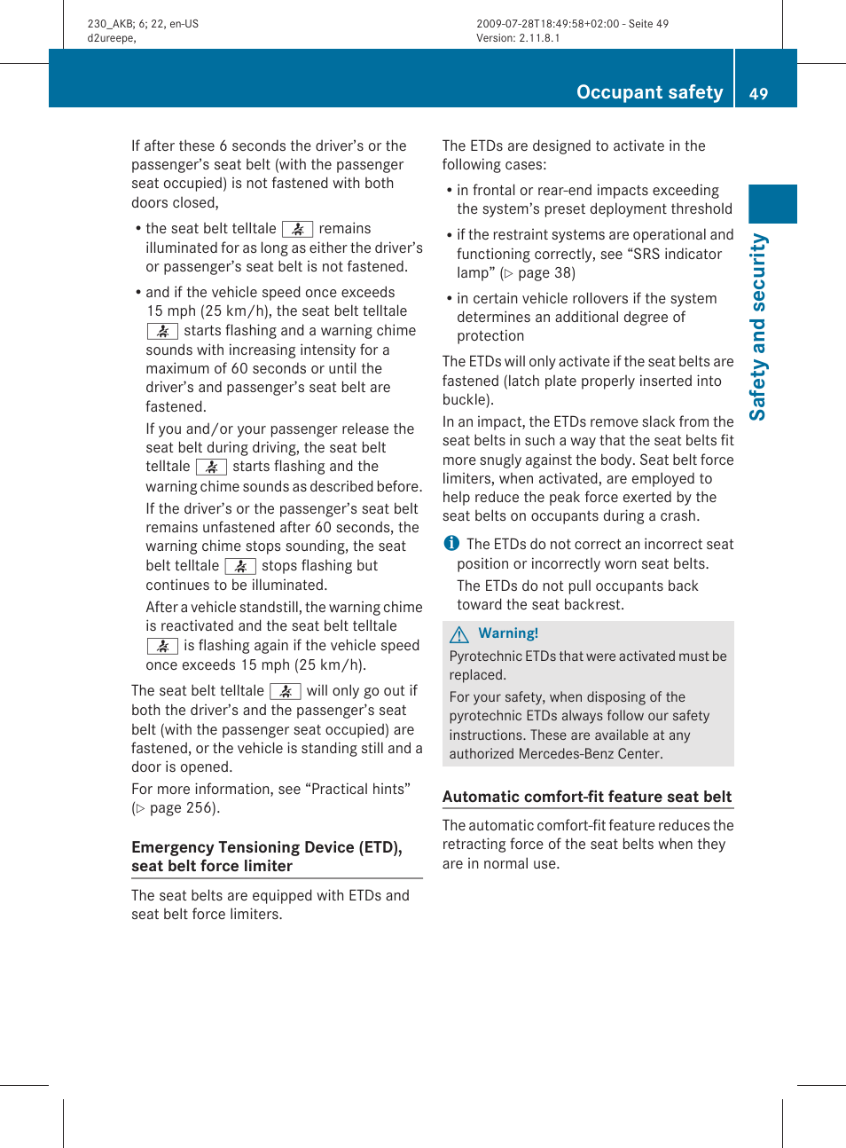 Safety and security, Occupant safety | Mercedes-Benz 2011 SL-Class User Manual | Page 51 / 316