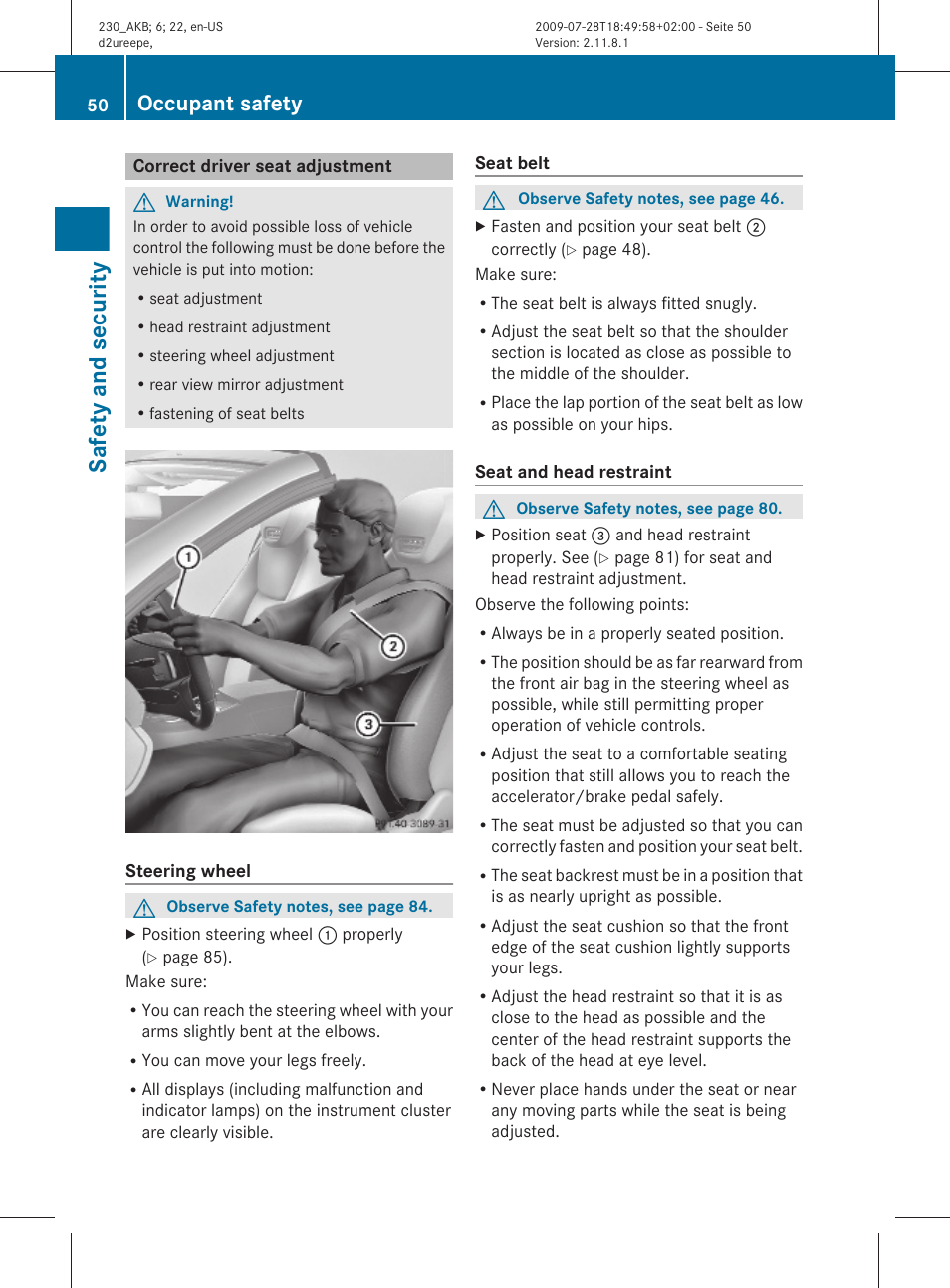 Correct driver seat adjustment, Safety and security, Occupant safety | Mercedes-Benz 2011 SL-Class User Manual | Page 52 / 316