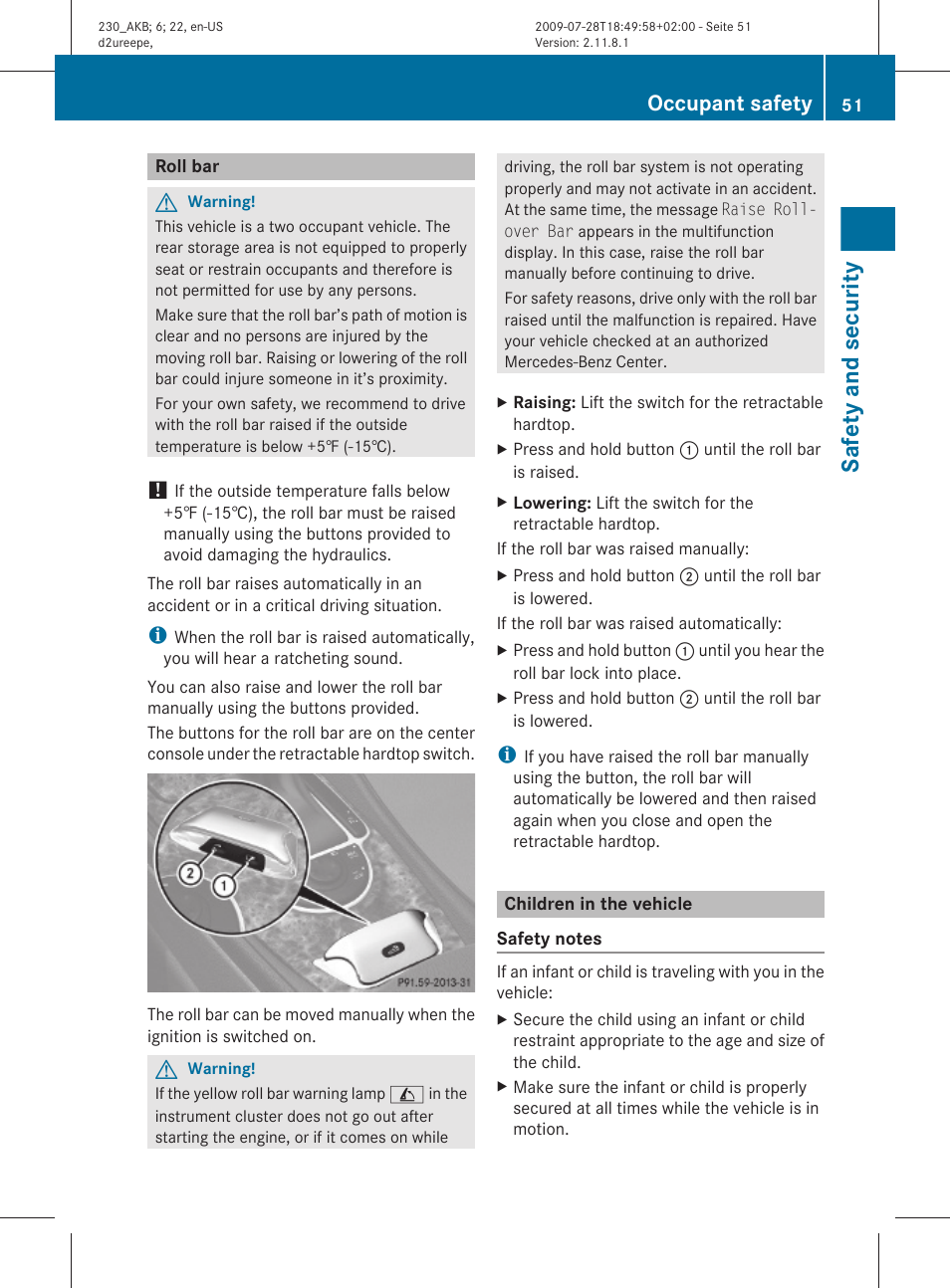 Roll bar, Children in the vehicle, Safety and security | Occupant safety | Mercedes-Benz 2011 SL-Class User Manual | Page 53 / 316