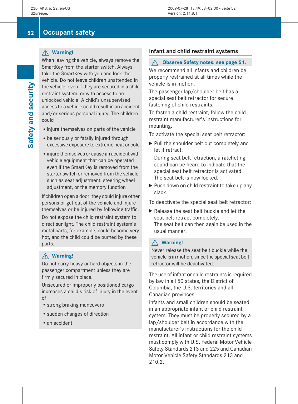 Child restraint systems, Safety and security, Occupant safety | Mercedes-Benz 2011 SL-Class User Manual | Page 54 / 316